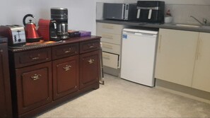 Fridge, microwave, coffee/tea maker, electric kettle