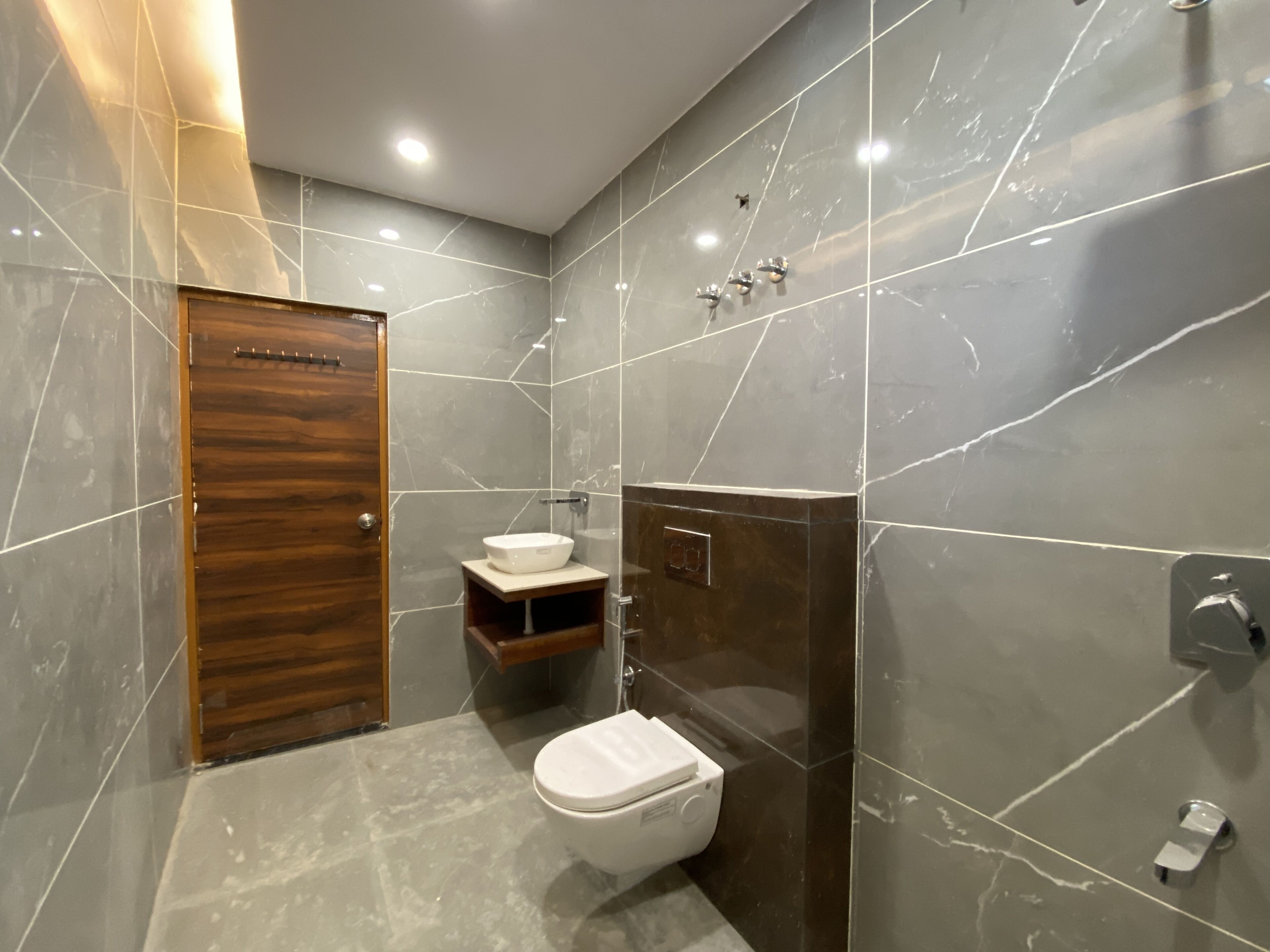 A modern bathroom with a wooden door, a white toilet, a vanity with a sink, and a shower area.