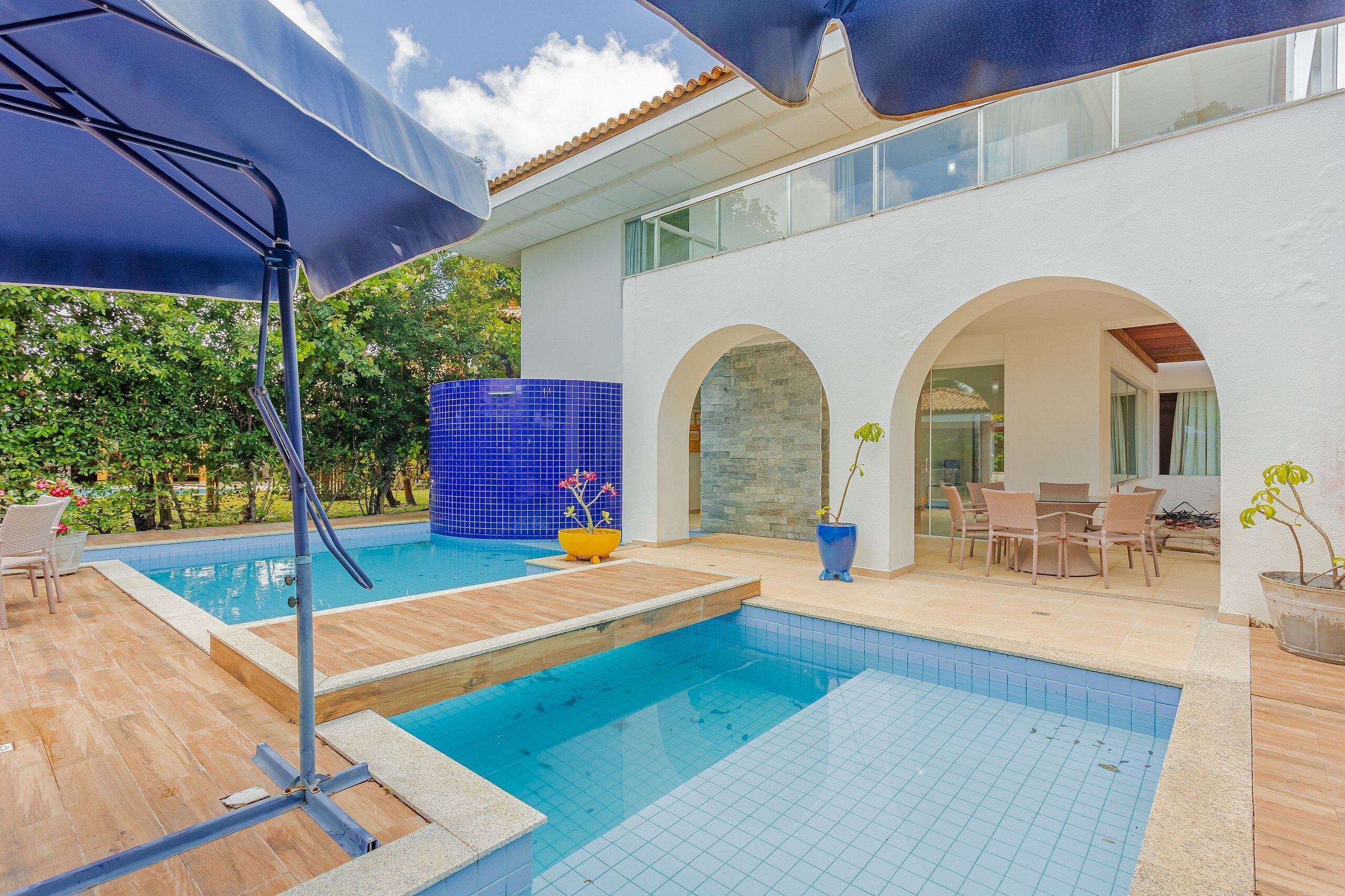 Outdoor pool, pool umbrellas, pool loungers