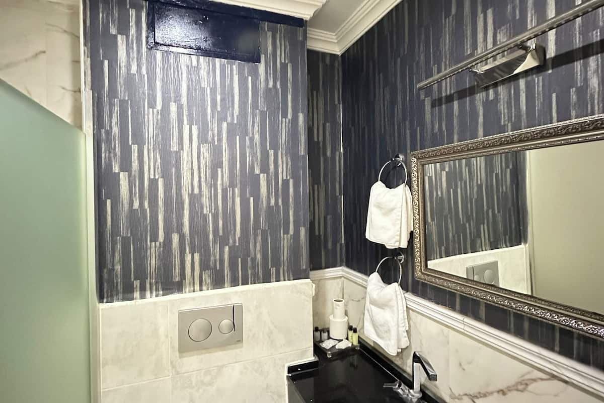 Un baño con encimera negra, lavamanos blanco y un espejo grande con marco decorativo.