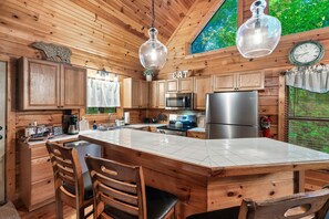 Fridge, microwave, oven, stovetop - Peaceful Forest Cabin - Hot Tub, Relax & Explore (Sevierville)