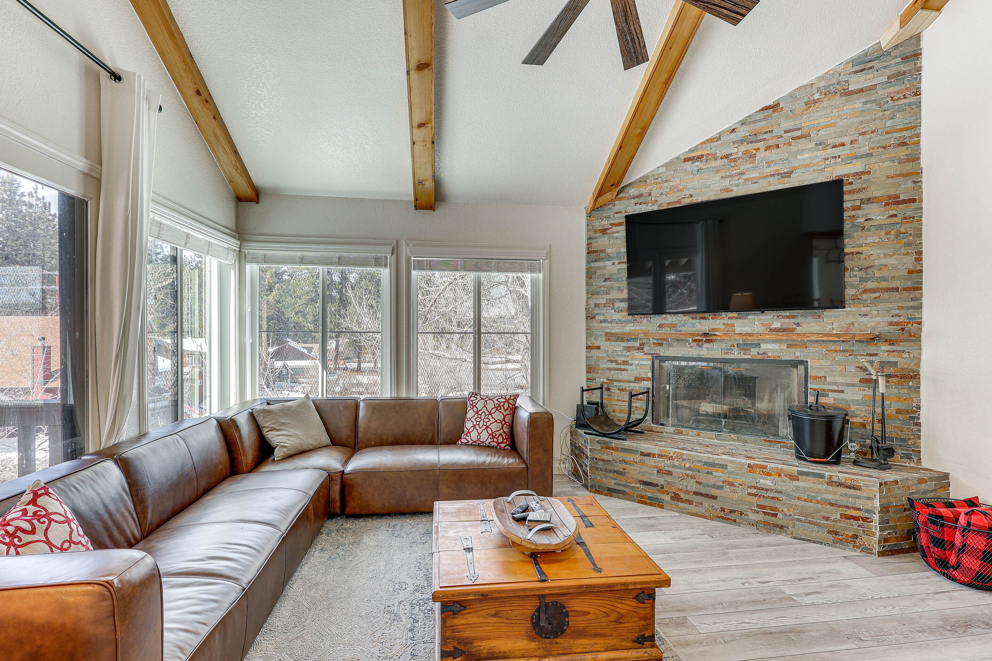 TV, fireplace, books