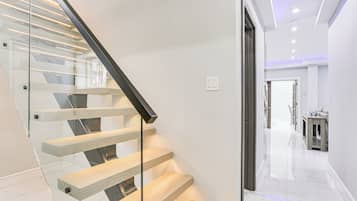 Una escalera moderna con barandillas de vidrio y escalones de madera, que conduce a un espacio interior bien iluminado.