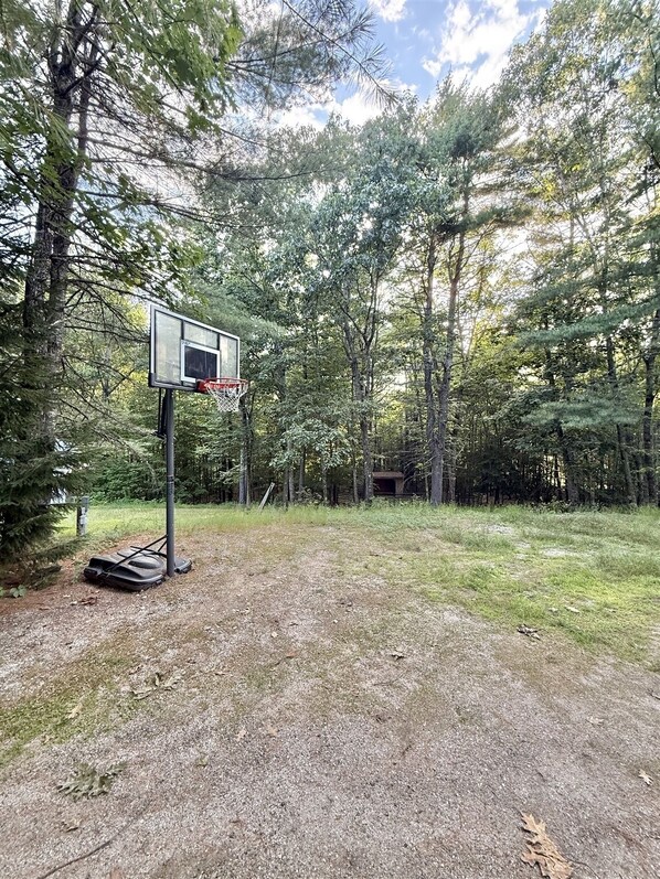 An outdoor basketball court with a hoop, surrounded by trees and a grassy area. - The River House Limit 6 4 Bedroom Home by RedAwning (Hiram)