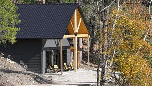 A modern cabin with a dark metal roof, wooden beams, and a covered porch with seating. - Great Access just Off Hwy, Hot Tub, Open Plan w/ Parking! Close to Town! (Lead)