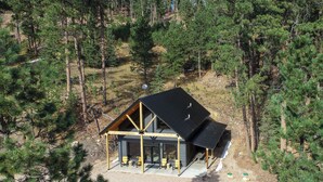 A modern cabin with a large deck and multiple seating areas, surrounded by dense forest. - Great Access just Off Hwy, Hot Tub, Open Plan w/ Parking! Close to Town! (Lead)