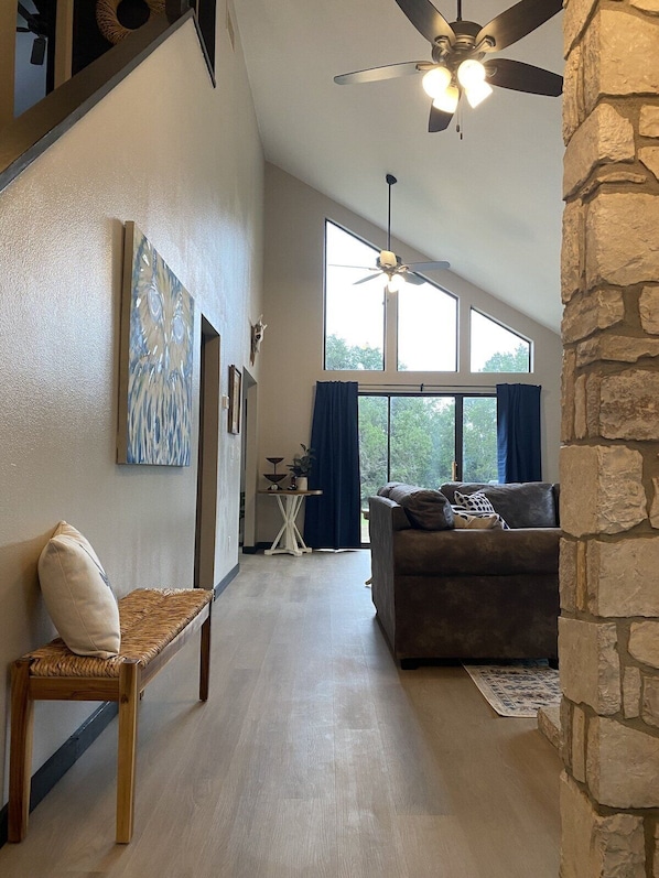 Smart TV, fireplace, books