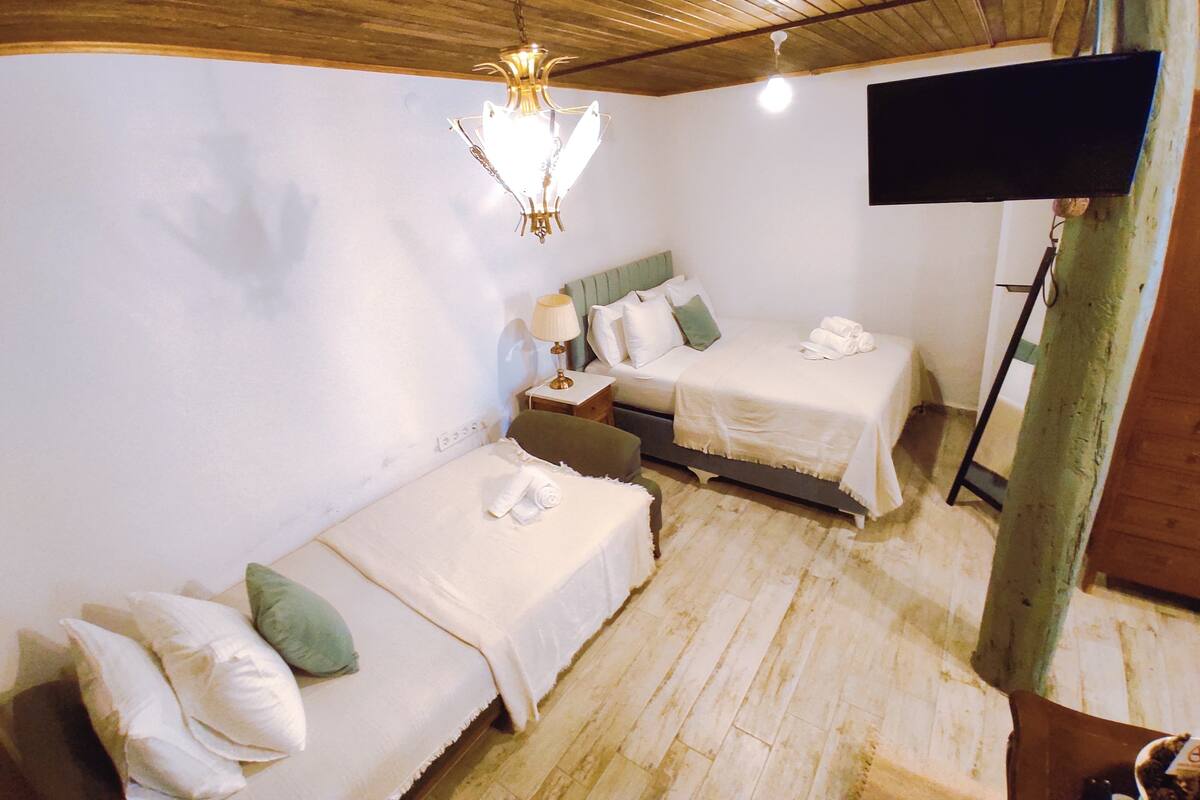 A room with two single beds, a flat-screen TV mounted on the wall, and a wooden ceiling.