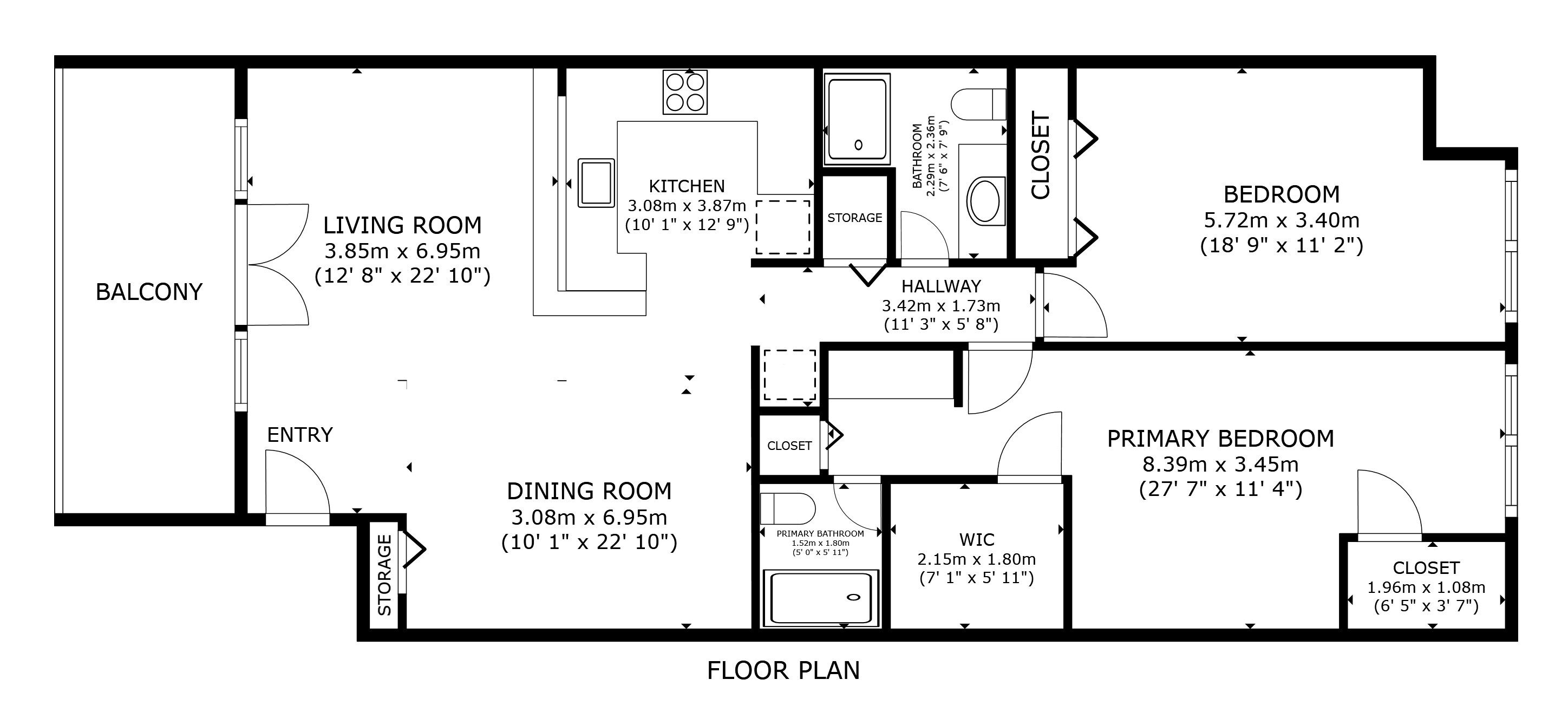 Un plan d’étage d’un hôtel comprenant un balcon, un salon, une salle à manger, une cuisine, une salle de bain, une chambre principale, une chambre secondaire et un dressing.