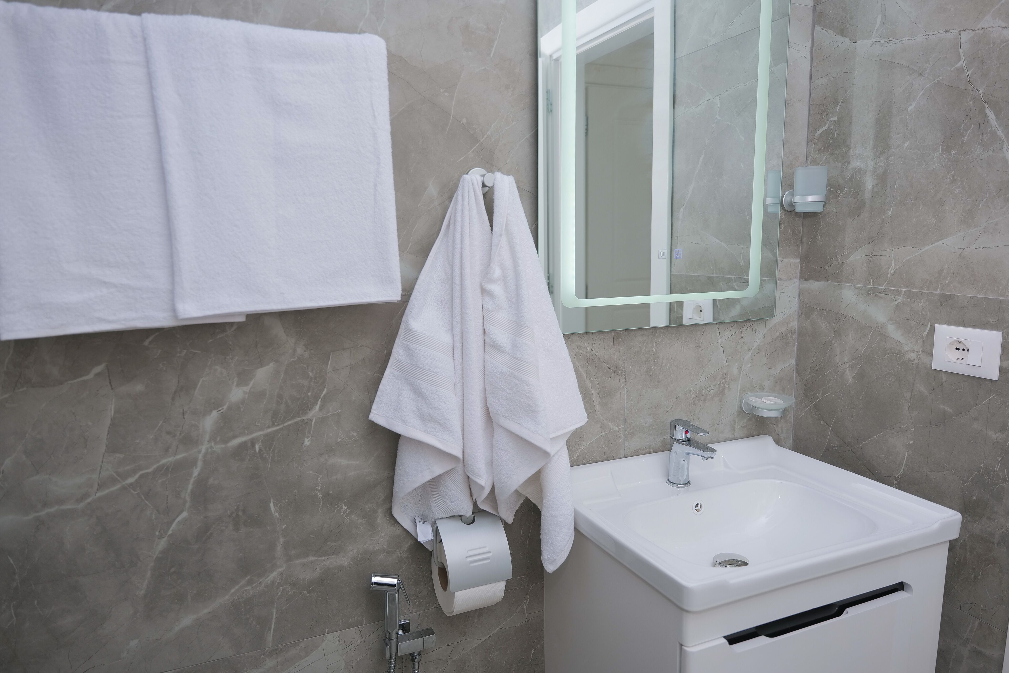 A bathroom with a white sink, a towel rack with two towels, a toilet paper holder, and a mirror.