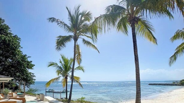 Ein Strand mit Holzliegen und Palmen, mit Blick auf den Ozean.