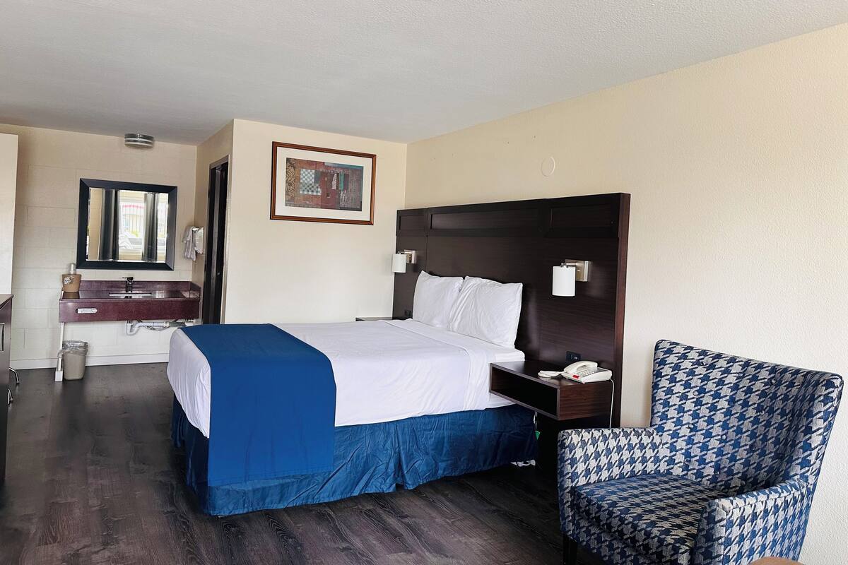 Habitación de hotel con cama, una silla, un escritorio con teléfono, espejo y un cuadro en la pared.
