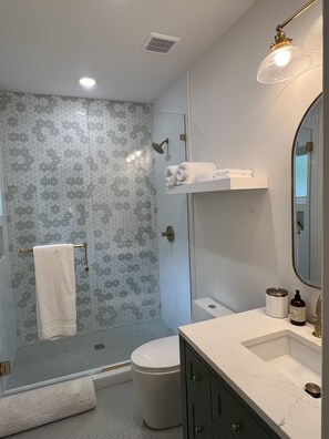 Hair dryer, towels, soap, shampoo