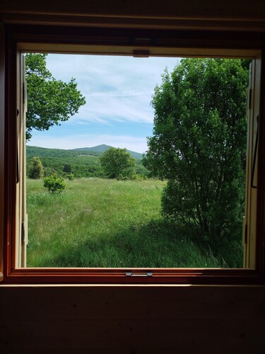 Travel trailer in the Drôme Provençale region, overlooking Mont Ventoux