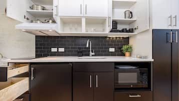 Frigorífico, microondas, placa de cocina y hervidor eléctrico