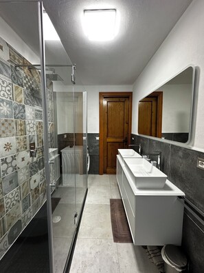 Shower, hair dryer, bidet, towels