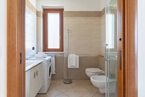 Shower, hair dryer, towels