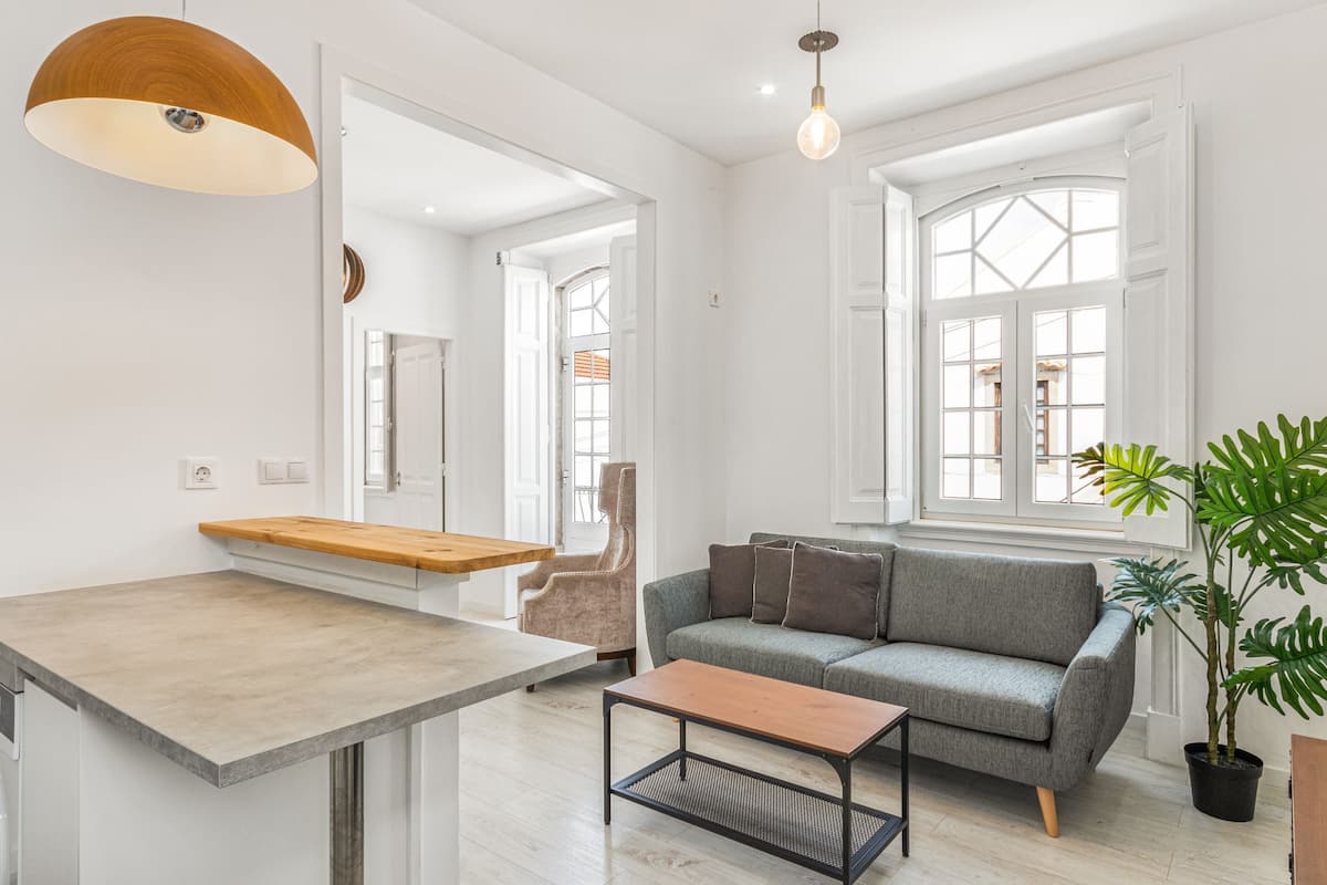 Un salon moderne avec un canapé gris, une table basse en bois et une plante en pot.
