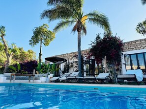 A pool area with lounge chairs, a palm tree, and a stone building.