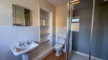 A bathroom with a white sink, toilet, and glass-enclosed shower.