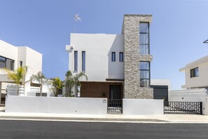 Stylish two-story residence with a minimalist design, featuring an entrance and a spacious ground floor.