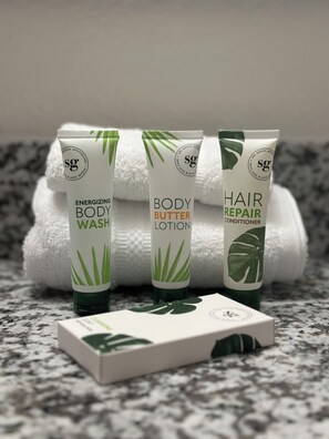 Shower, free toiletries, hair dryer, towels