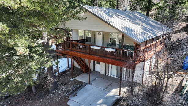 Une cabane dotée d’une terrasse, entourée d’arbres.