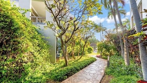 A pathway flanked by lush greenery and palm trees, leading to a building with a modern architectural style.