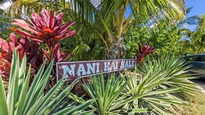 A sign with 'NANI KAN HALL' written on it, surrounded by tropical plants. - 1 bedroom Beachfront Condo, AC, Lanai Oceanview, 6 mile sandy beach (Kihei)