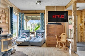 Smart TV, fireplace, table football, books