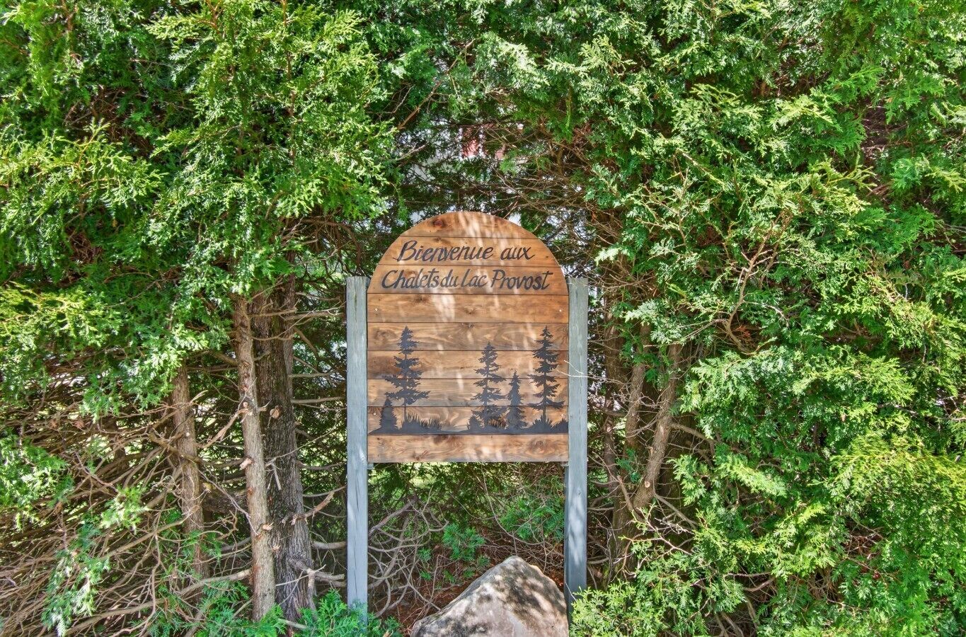 Un letrero de madera con el texto 'Bienvenue aux Chaëts du lac Provost' y una silueta de árboles.