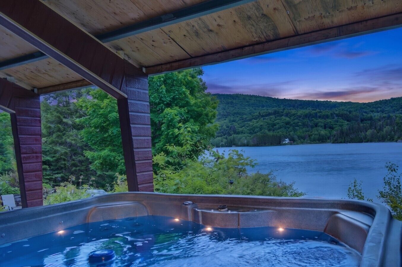 Un bain à remous avec vue sur un lac et une forêt.