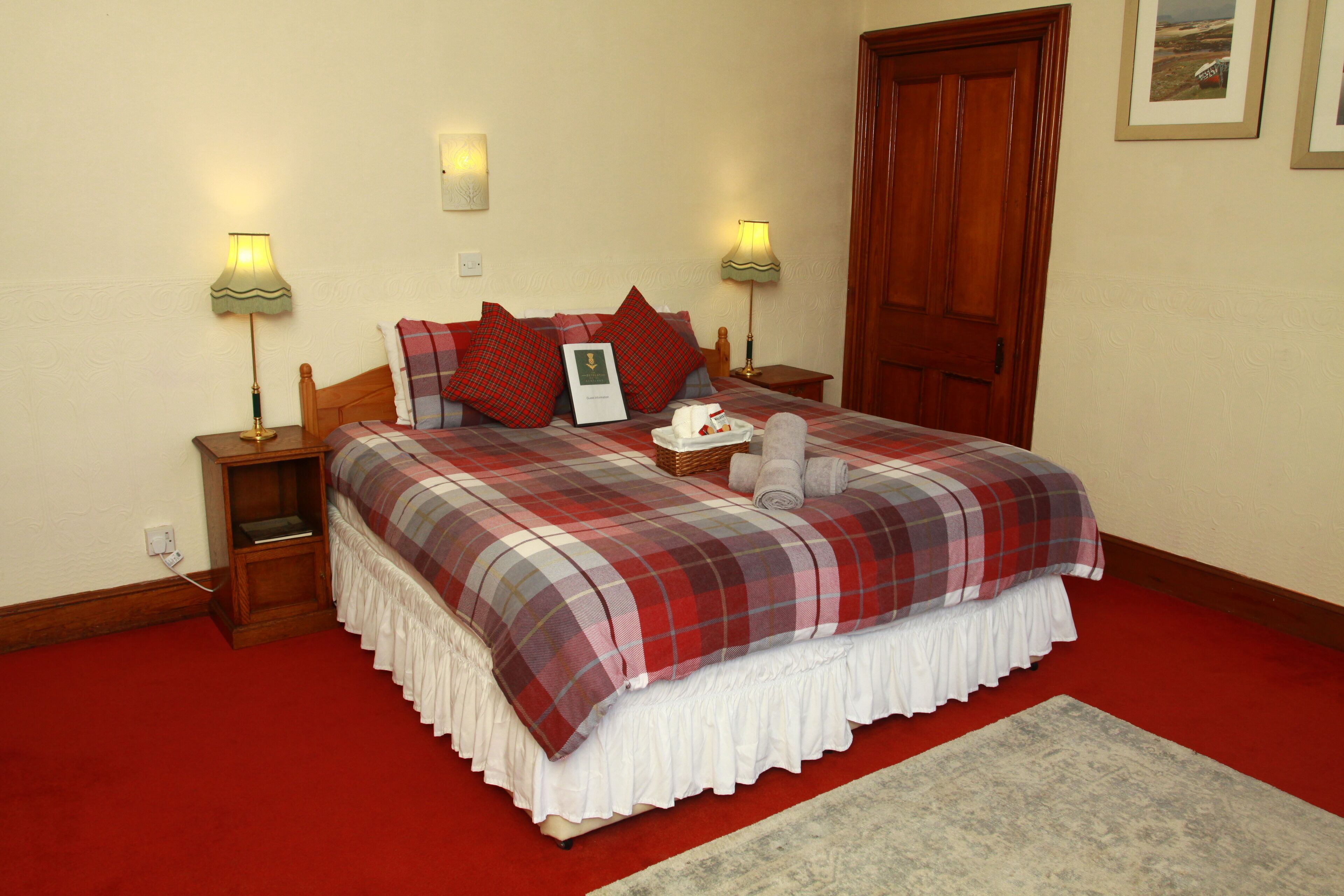 A neatly arranged bedroom with a plaid bedspread, two bedside lamps, a wooden door, and a framed picture on the wall.