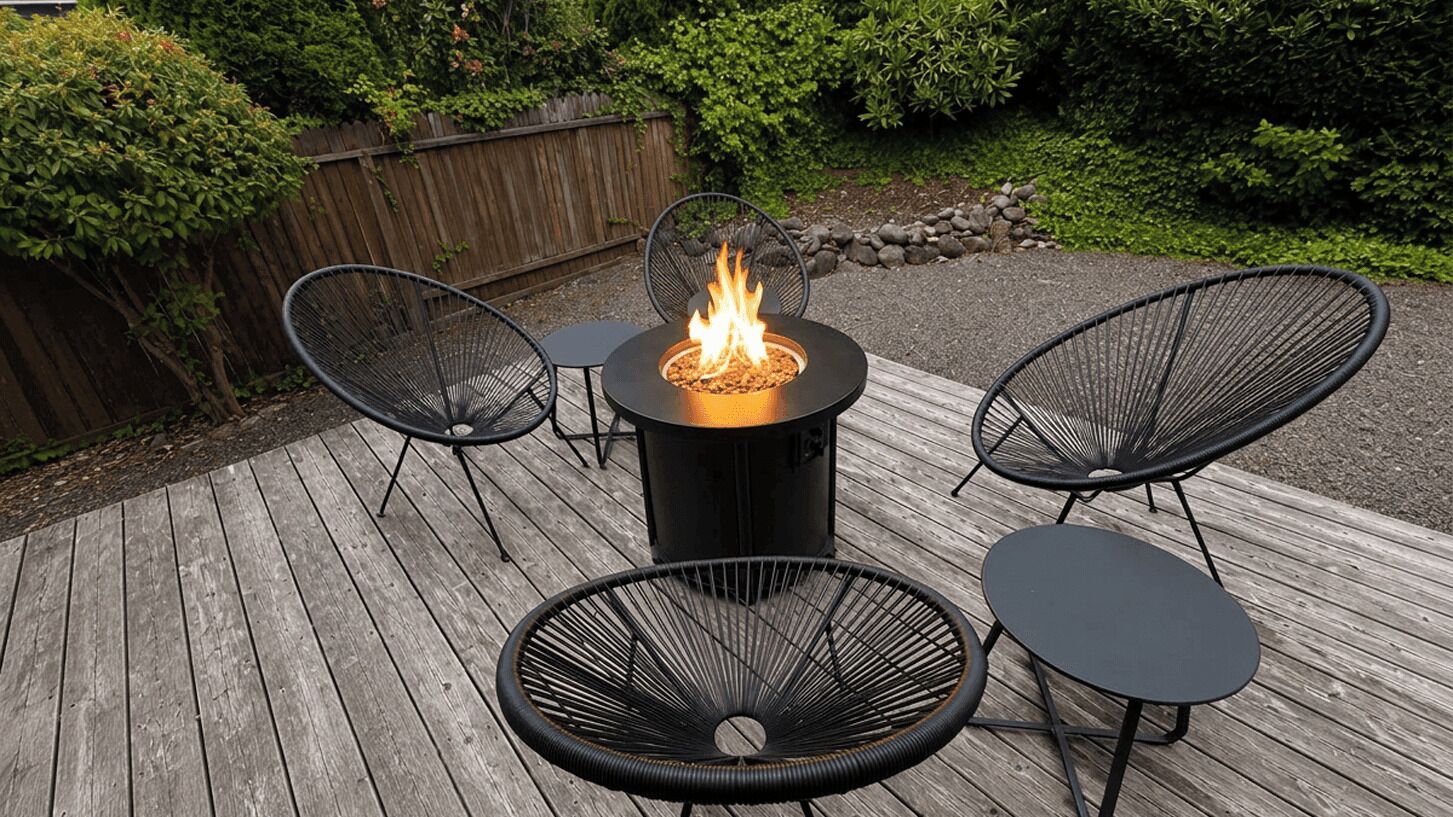A deck with a central fire feature surrounded by four chairs.