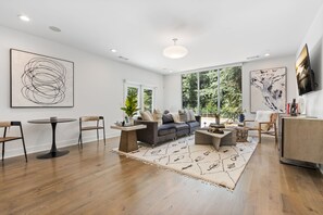 TV connectée, cheminée, livres, médiathèque