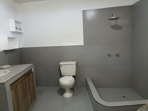 A bathroom with a toilet, a shower, and a sink.