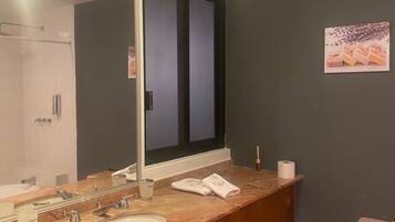 Hair dryer, towels, soap, shampoo