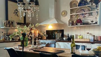 Fridge, microwave, high chair