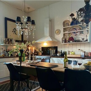 Fridge, microwave, high chair