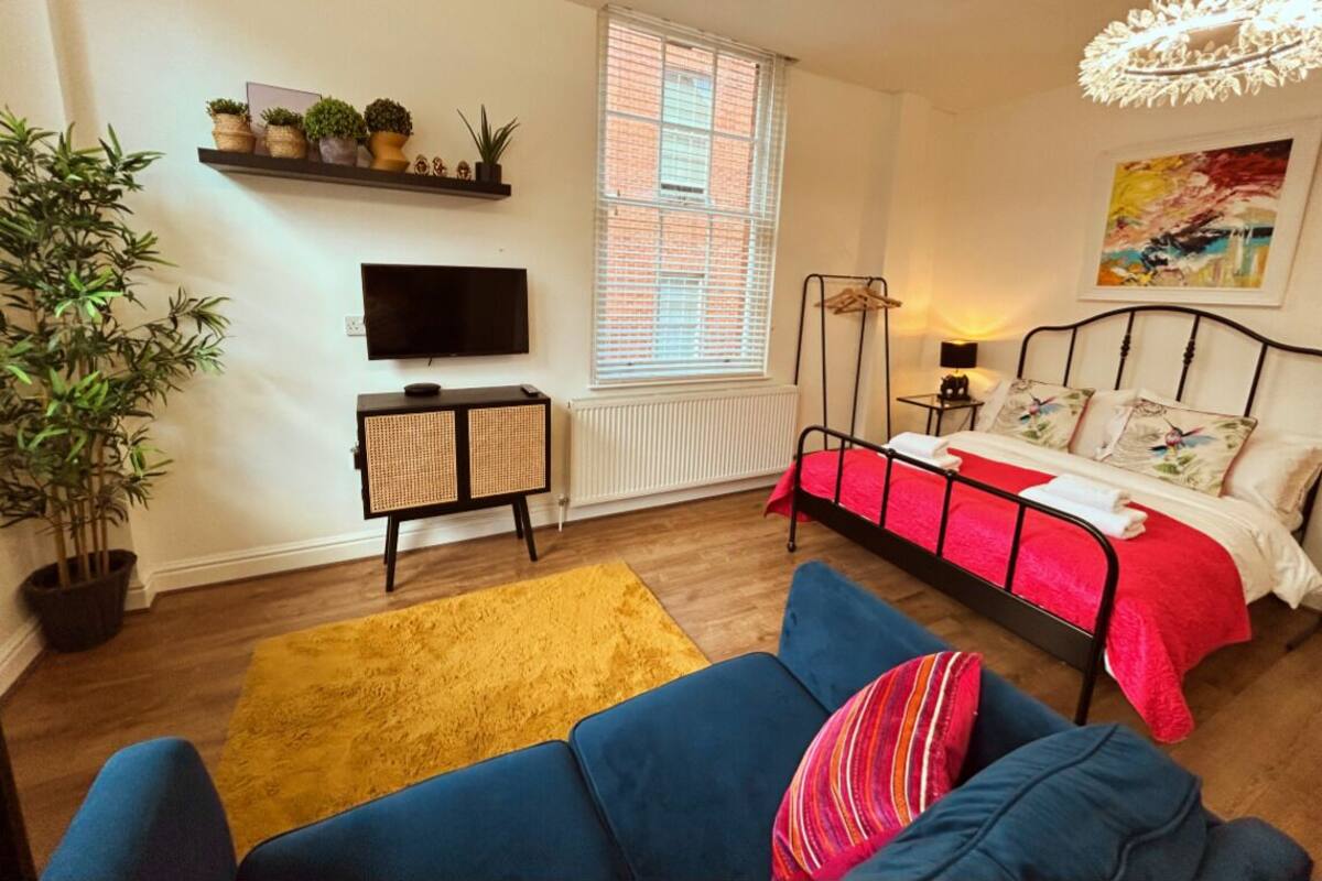 A bedroom with a bed, a TV, a radiator, a window with blinds, a plant, and a sofa.