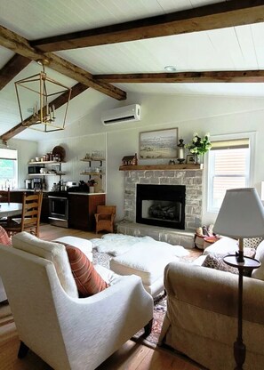 Smart TV, fireplace, DVD player, books