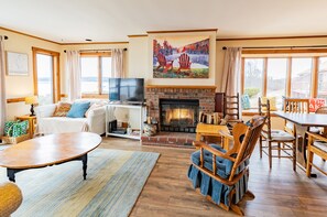 Smart TV, fireplace, books