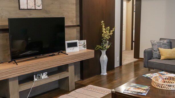 Un salon moderne avec un téléviseur à écran plat, un meuble de rangement en bois, un vase avec des fleurs, un canapé gris agrémenté de coussins à motifs et une table basse avec des magazines.