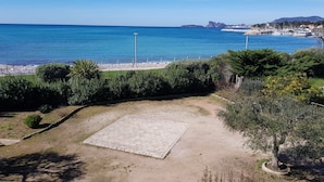 Eine Küstenansicht mit Sandstrand, befestigtem Bereich und einem Baum.