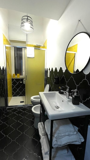 Shower, hair dryer, bidet, towels