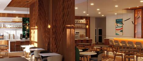 Een modern interieur met houten accenten, een bar en diverse zithoeken.