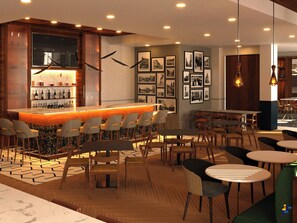 A modern bar area with a counter, seating, and framed pictures on the wall. - Doubletree by Hilton Houston Westchase (Houston)