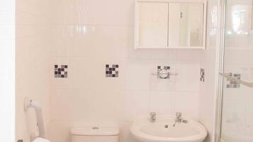 Ein kleines Badezimmer mit Toilette, Waschbecken und einer Duschkabine aus Glas.