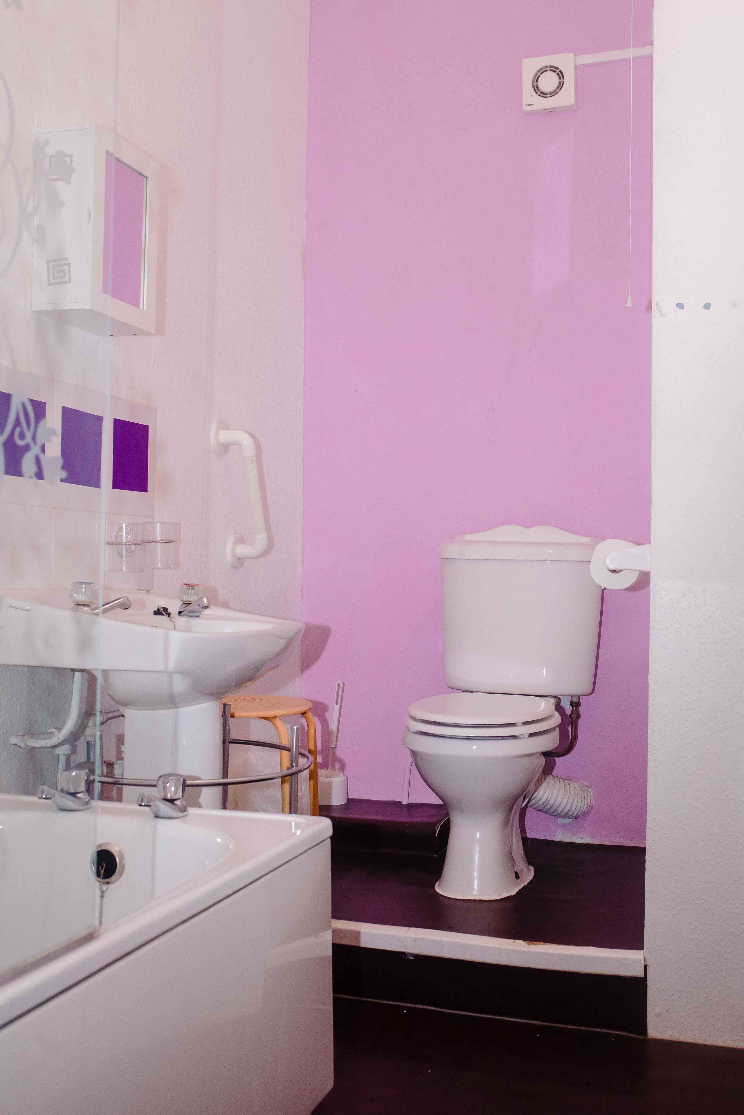 Une salle de bain avec un lavabo blanc, des toilettes et un miroir.