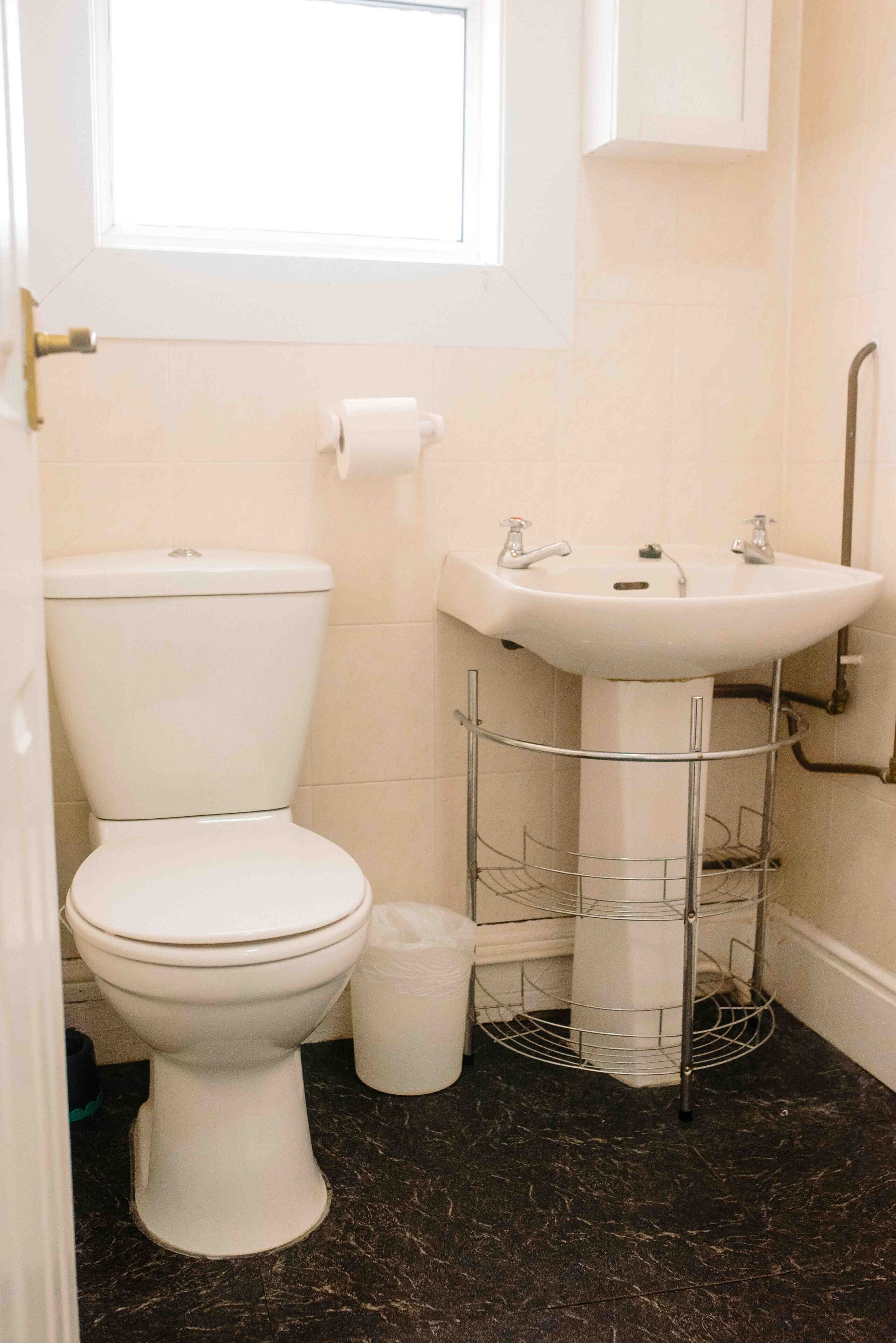 A bathroom with a toilet, sink, and a metal rack.